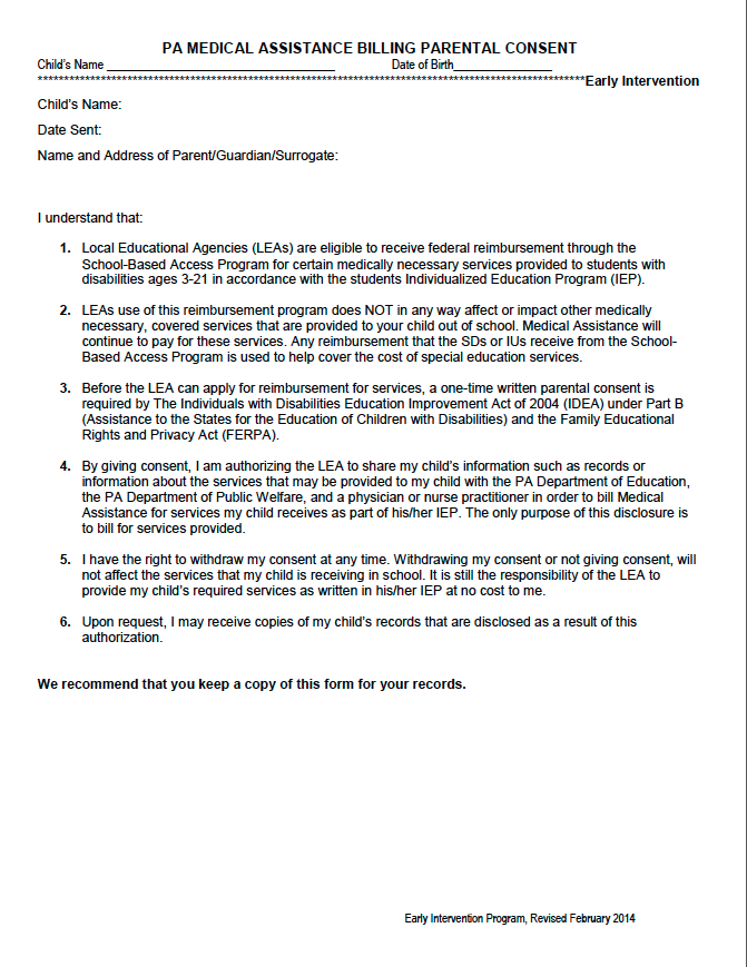 PaTTAN Pennsylvania Medical Assistance Billing Parental Consent